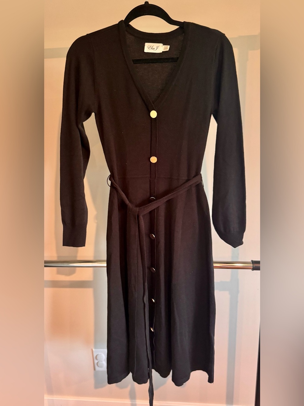 Eliza J Black Long-Sleeve Button Front Knit Dress with Belt